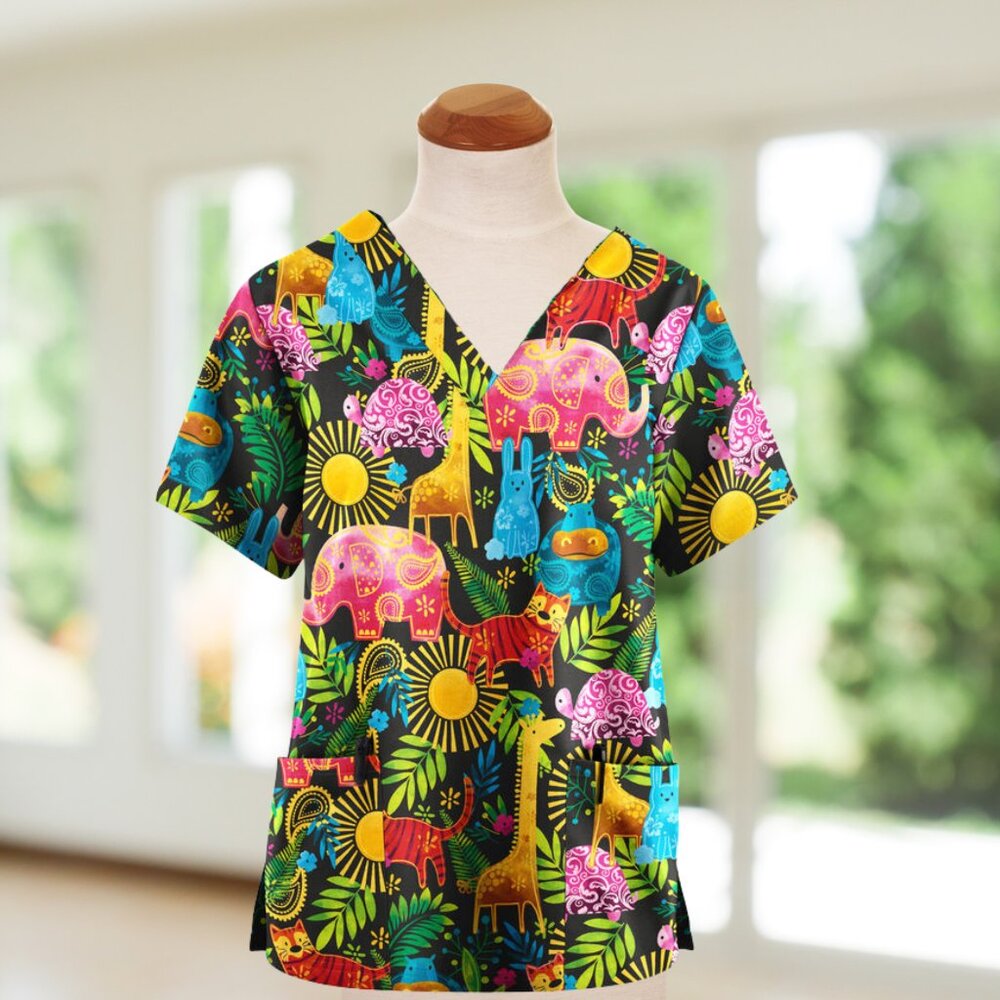 Safari Friends Black Women's 2- Pocket V-Neck Print Scrub Top *NEW